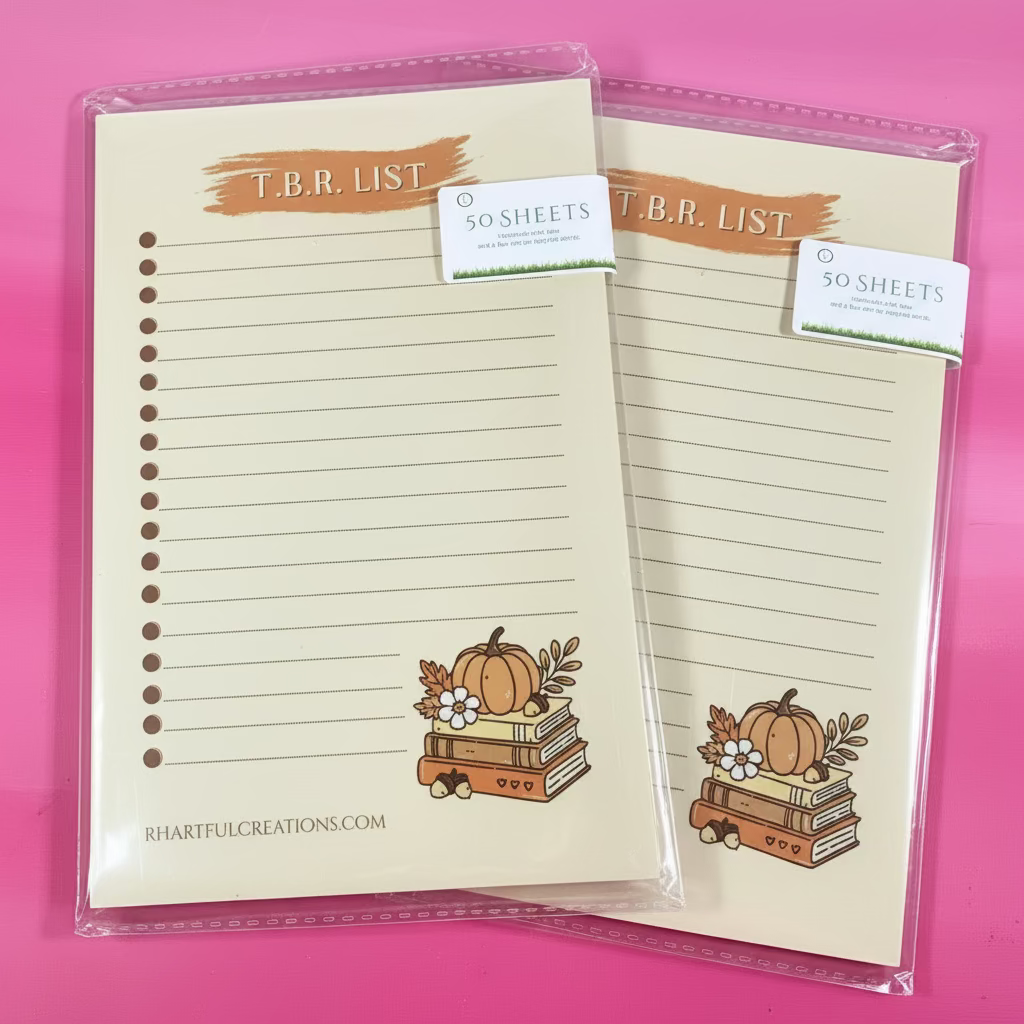 Notebook with pumpkin design on a pink background