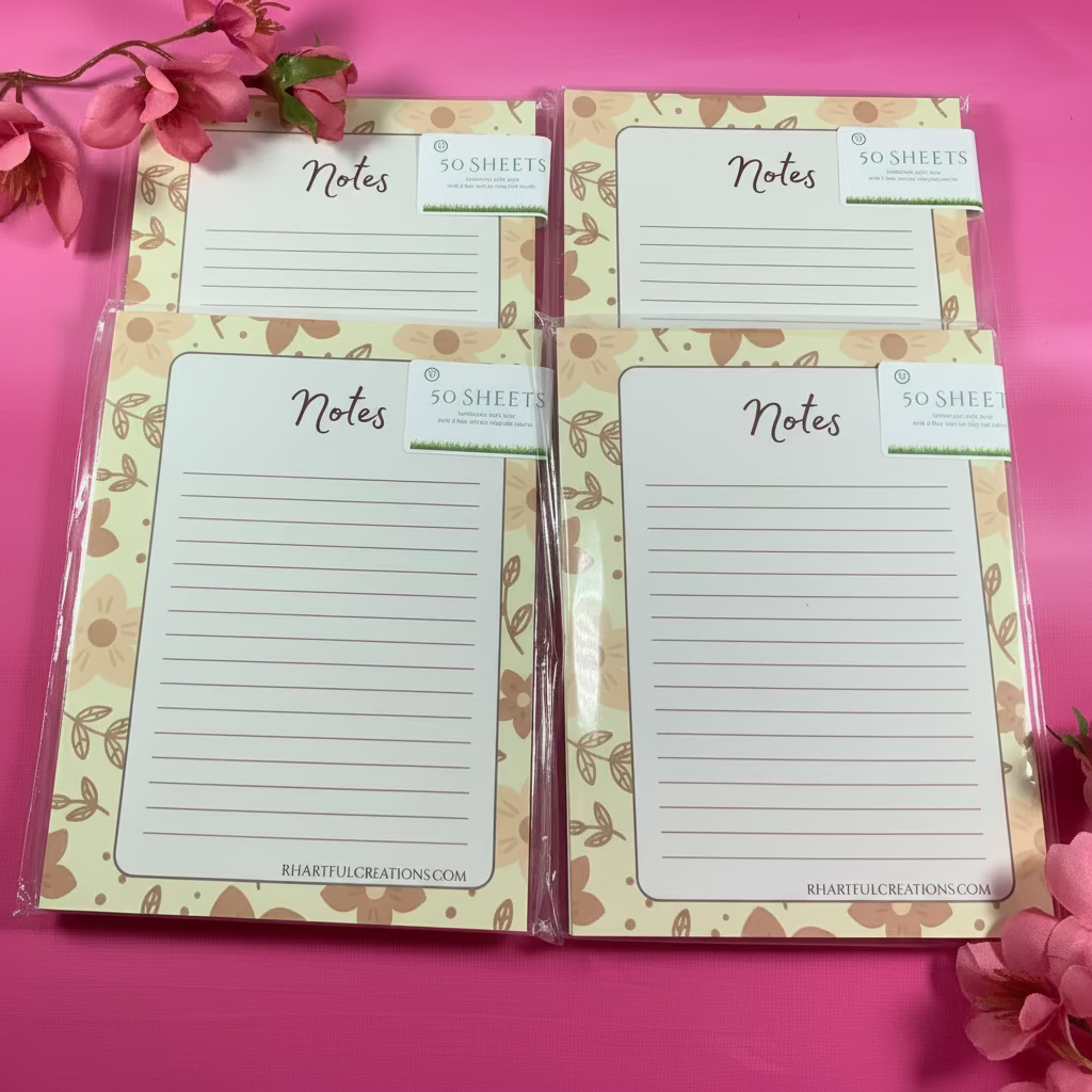 Two floral-patterned note pads with 'Notes' text on a pink surface with flowers.