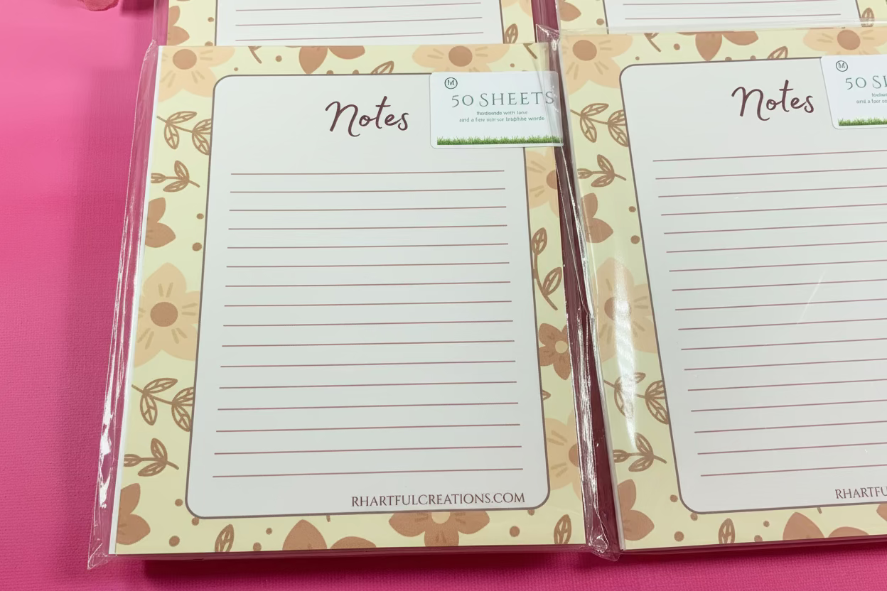Note pads with floral design and 'Notes' text on a pink background