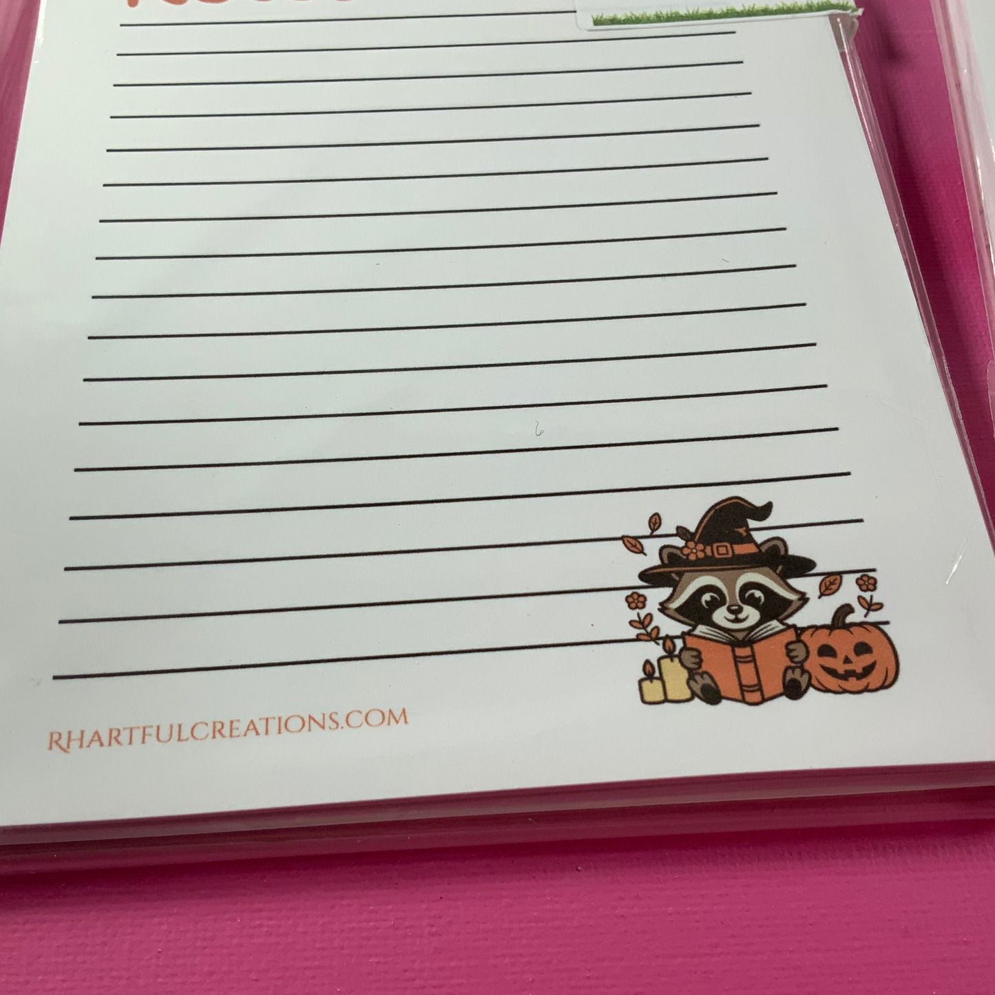Notepad with a cartoon raccoon wearing a witch hat on a pink background
