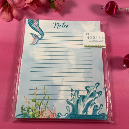 Mermaid Lined Notepad | Handmade 50-Sheet Ocean Notes Pad | 4.25 x 5.5 Cute Stationery