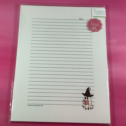 White letter-sized paper with lined text and a small illustration of a person in a hat on a pink background.