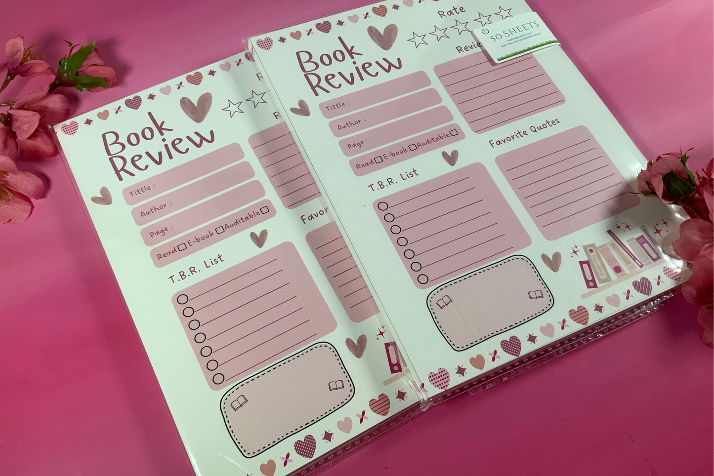 Book review template on a pink background with floral elements