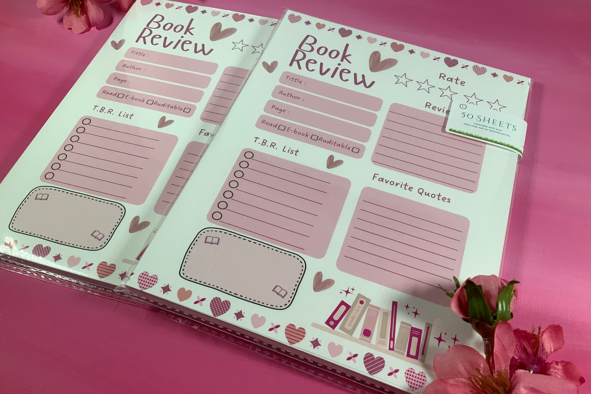 Book review sheet with heart designs on a pink background