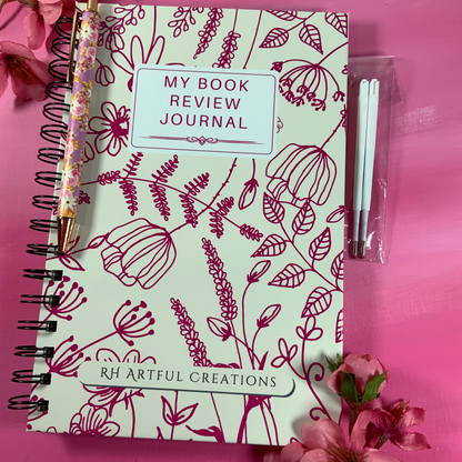 Book Review Journal with floral design on a pink background