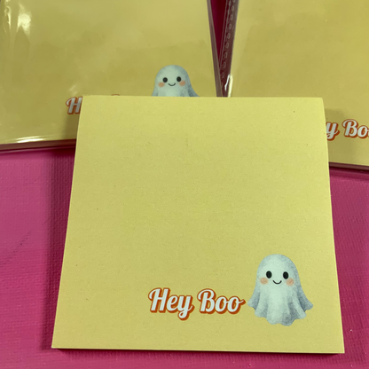 Yellow card with 'Hey Boo' text and ghost illustration on a pink background
