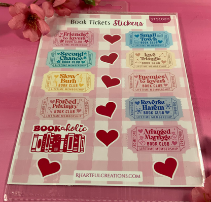 Book Ticket Stickers | Bookish Sticker Sheet for Readers, Book Club, Romance Readers & Book Lovers