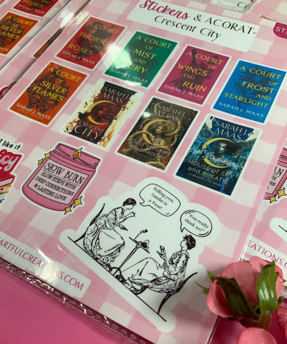 Sticker pack with book cover designs and a couple illustration on a pink checkered background.