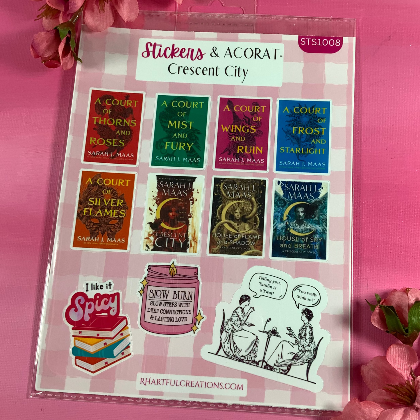 Pack of stickers with book-themed designs on a pink background
