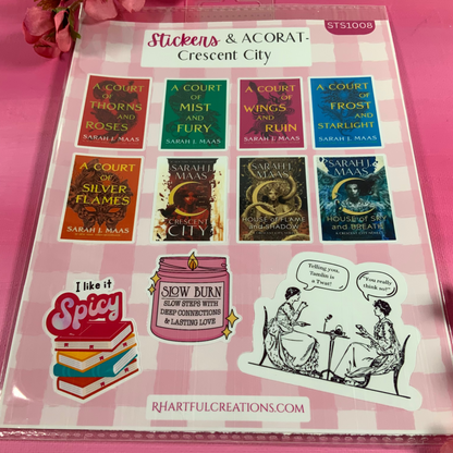 Sticker pack with book-themed designs on a pink background