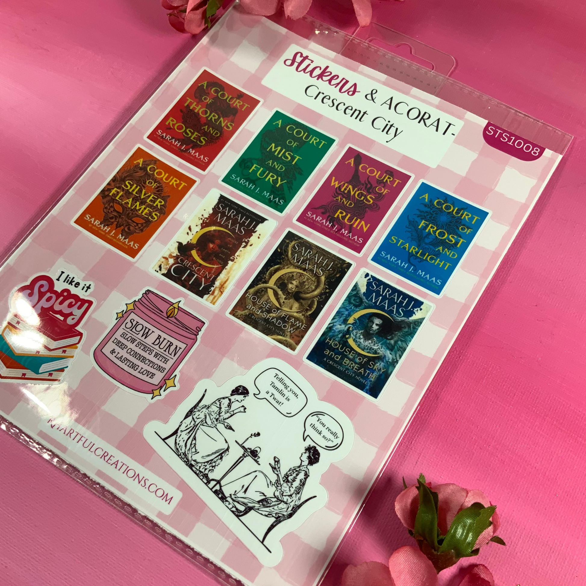 Pack of stickers with book-themed designs on a pink background with flowers.