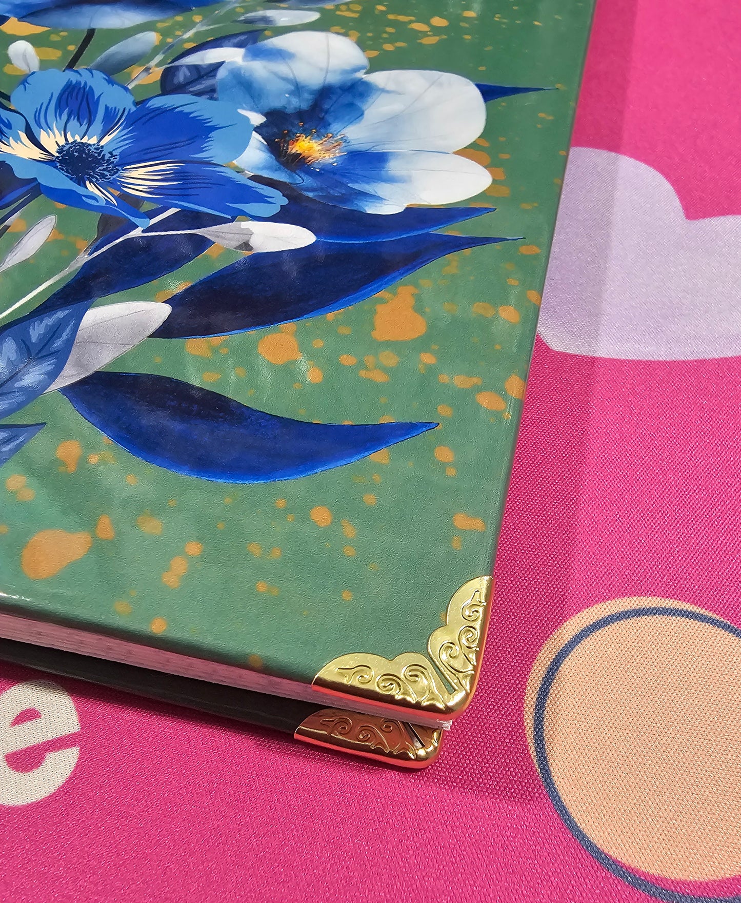 Handmade Hardcover Journal – Make It Happen – 6"x9", Lined Pages, Blue Floral Detail, Gold Corner Protectors