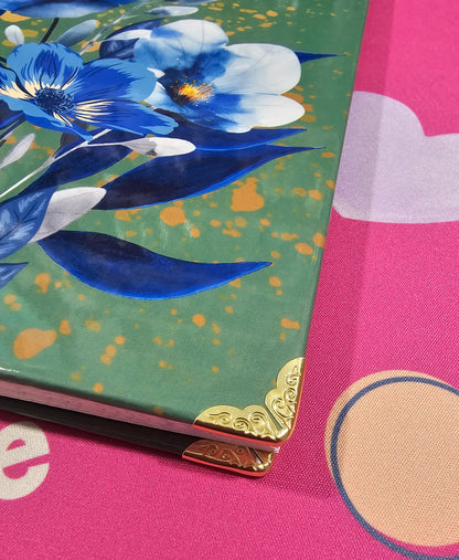 Handmade Hardcover Journal – Make It Happen – 6"x9", Lined Pages, Blue Floral Detail, Gold Corner Protectors
