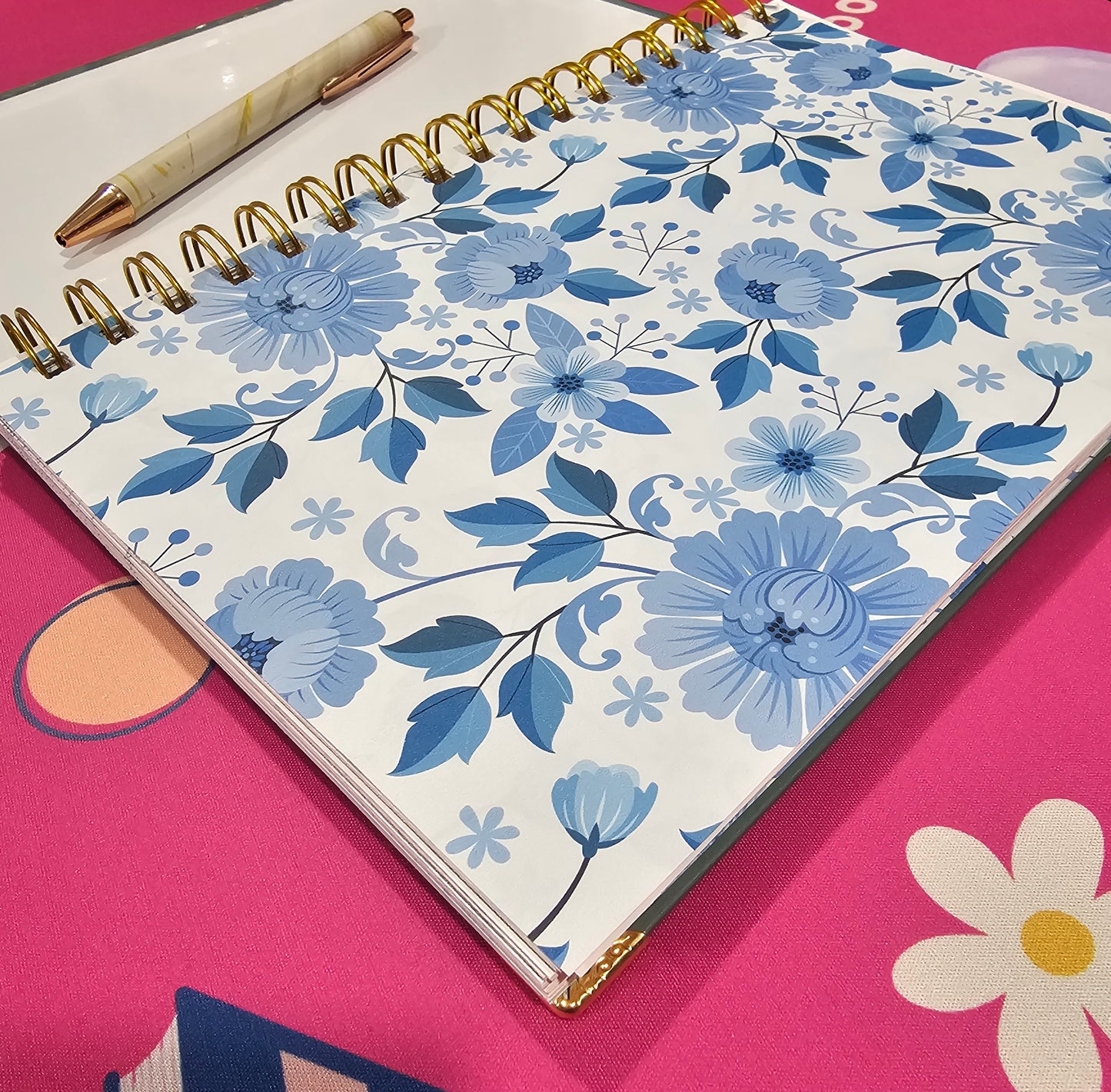 Handmade Hardcover Journal – Make It Happen – 6"x9", Lined Pages, Blue Floral Detail, Gold Corner Protectors