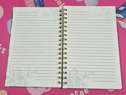 Handmade Hardcover Journal – Make It Happen – 6"x9", Lined Pages, Blue Floral Detail, Gold Corner Protectors