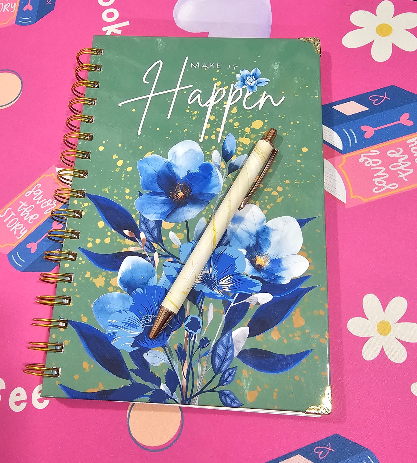 Handmade Hardcover Journal – Make It Happen – 6"x9", Lined Pages, Blue Floral Detail, Gold Corner Protectors