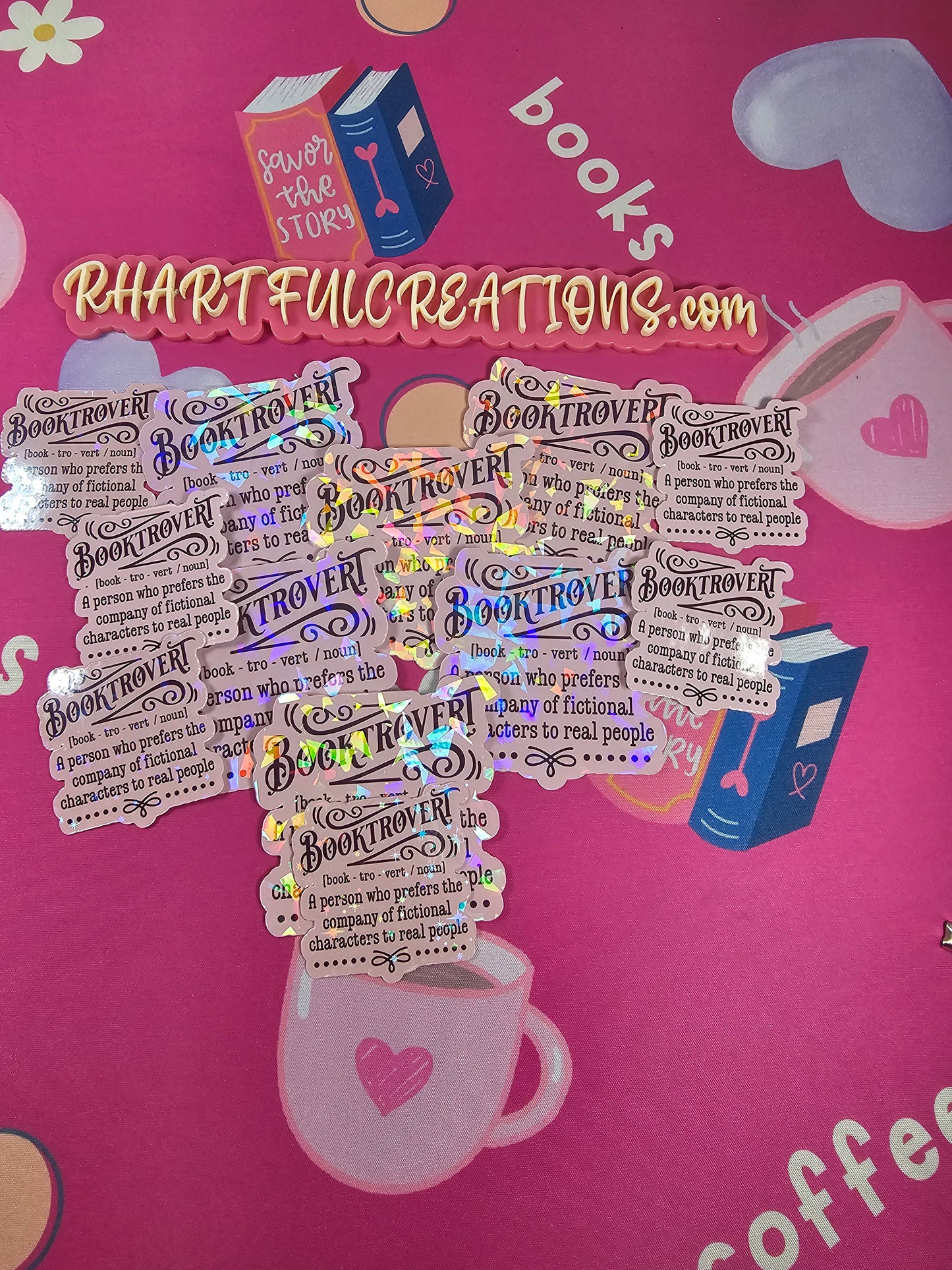 Stickers with text on a pink background with cartoon illustrations