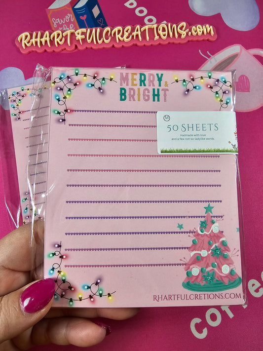 Merry & Bright Christmas Notepad – 50-Page Holiday Notepad | Pink Christmas Tree Notepad | Cute Christmas List Pad | Handmade Stationery by RH Artful Creations