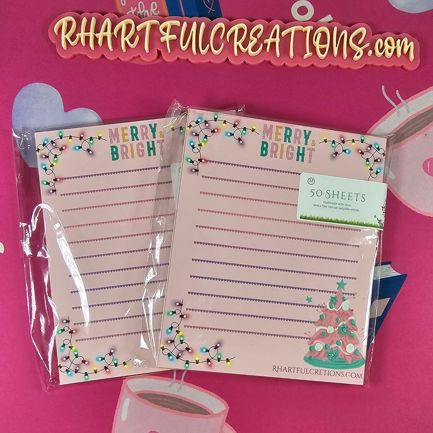 Merry & Bright Christmas Notepad – 50-Page Holiday Notepad | Pink Christmas Tree Notepad | Cute Christmas List Pad | Handmade Stationery by RH Artful Creations
