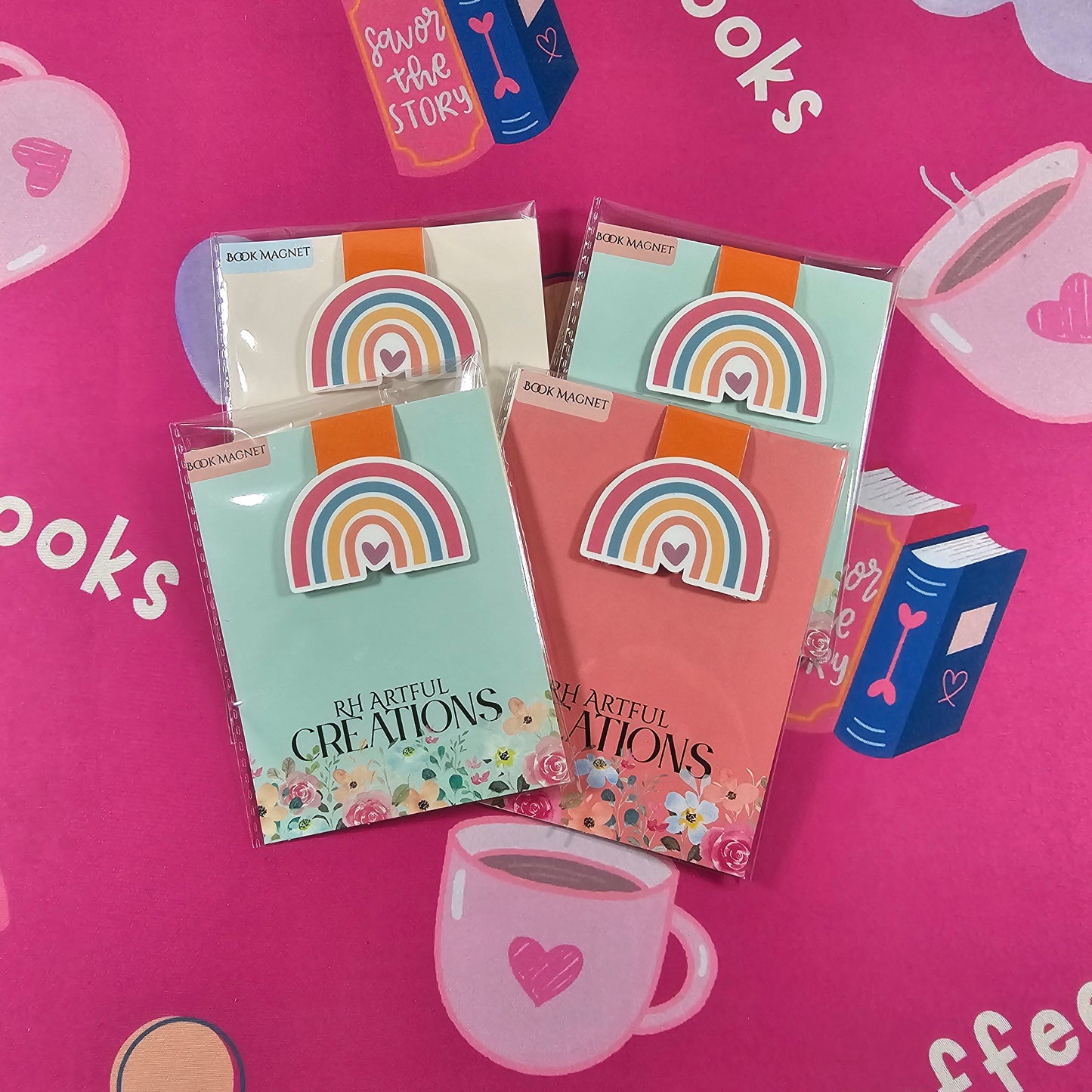 Colorful stationery items on a pink background with 'books' text.