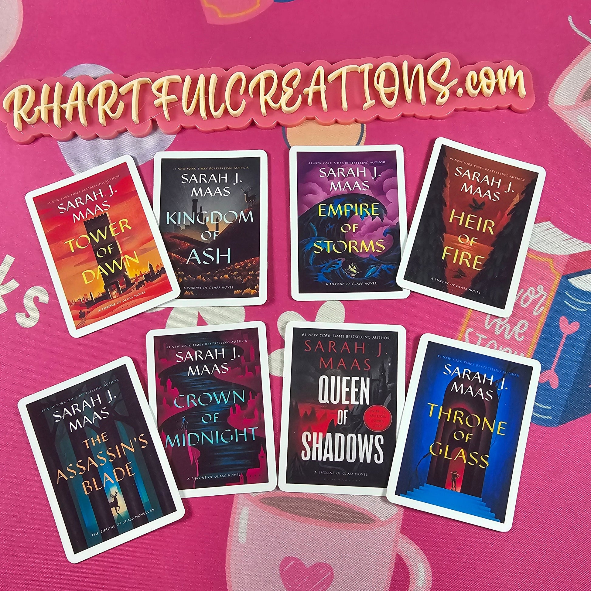 Throne of Glass series book cover stickers displayed in a set. Bright colorful book cover printed by RH Artful Creations.
