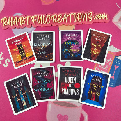 Throne of Glass series book cover stickers displayed in a set. Bright colorful book cover printed by RH Artful Creations.