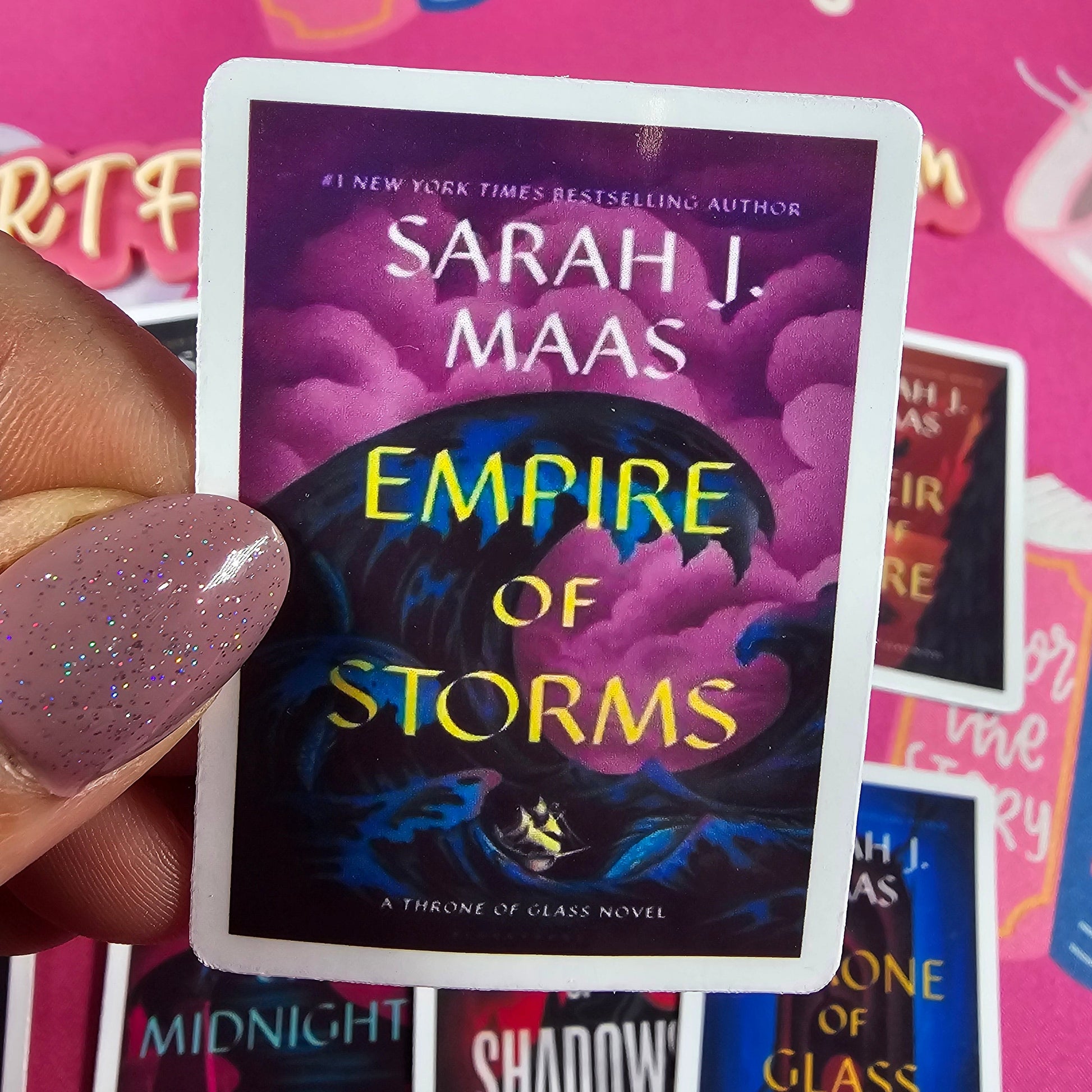 Throne of Glass series book cover vinyl stickers displayed in a set. Bright colorful book cover printed by RH Artful Creations.