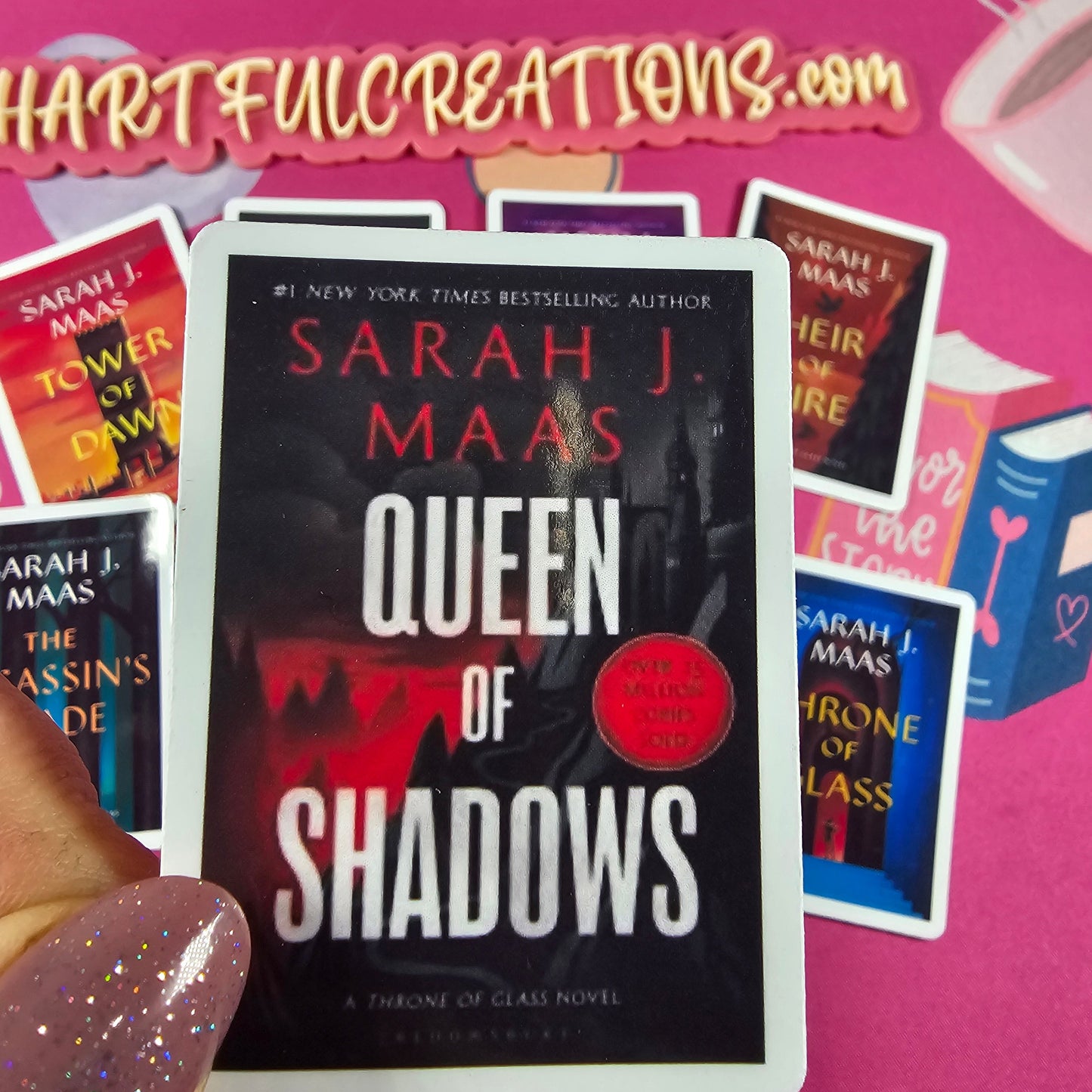 Throne of Glass series book cover vinyl stickers displayed in a set. Bright colorful book cover printed  by RH Artful Creations.