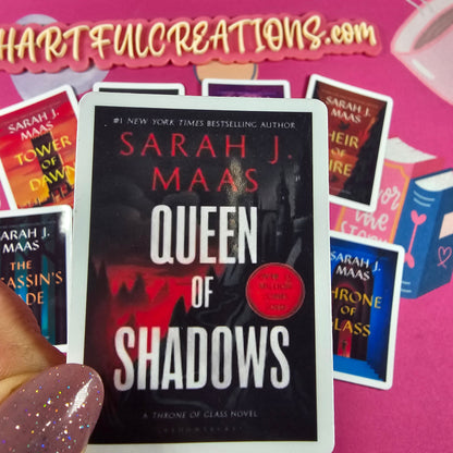 Throne of Glass series book cover vinyl stickers displayed in a set. Bright colorful book cover printed  by RH Artful Creations.
