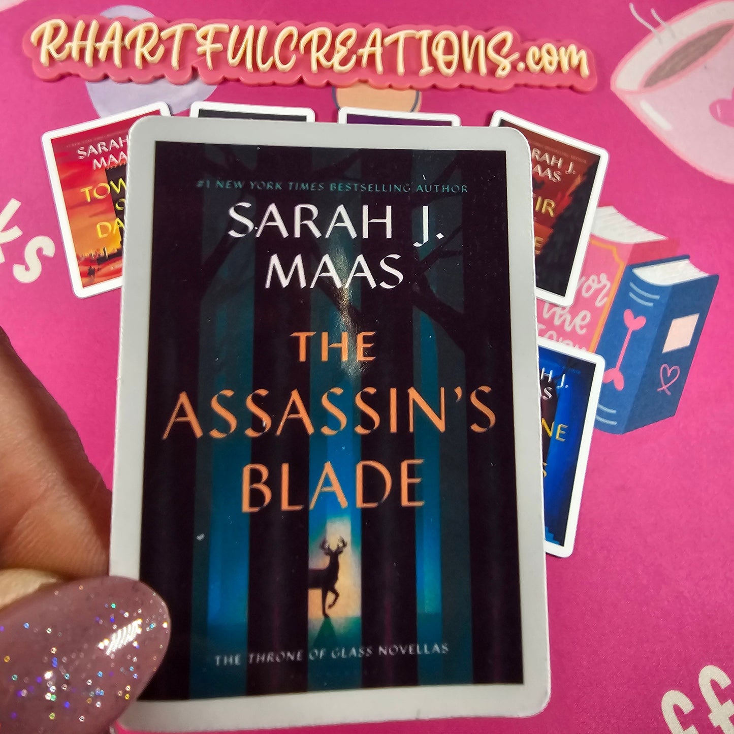 Throne of Glass series book cover vinyl stickers displayed in a set. Bright colorful book cover printed by RH Artful Creations.