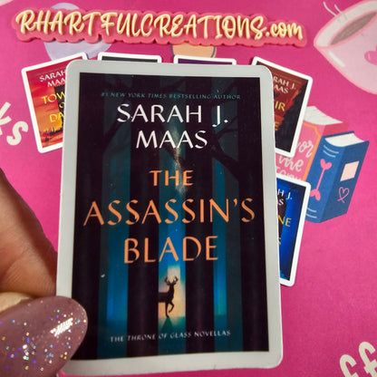 Throne of Glass series book cover vinyl stickers displayed in a set. Bright colorful book cover printed by RH Artful Creations.