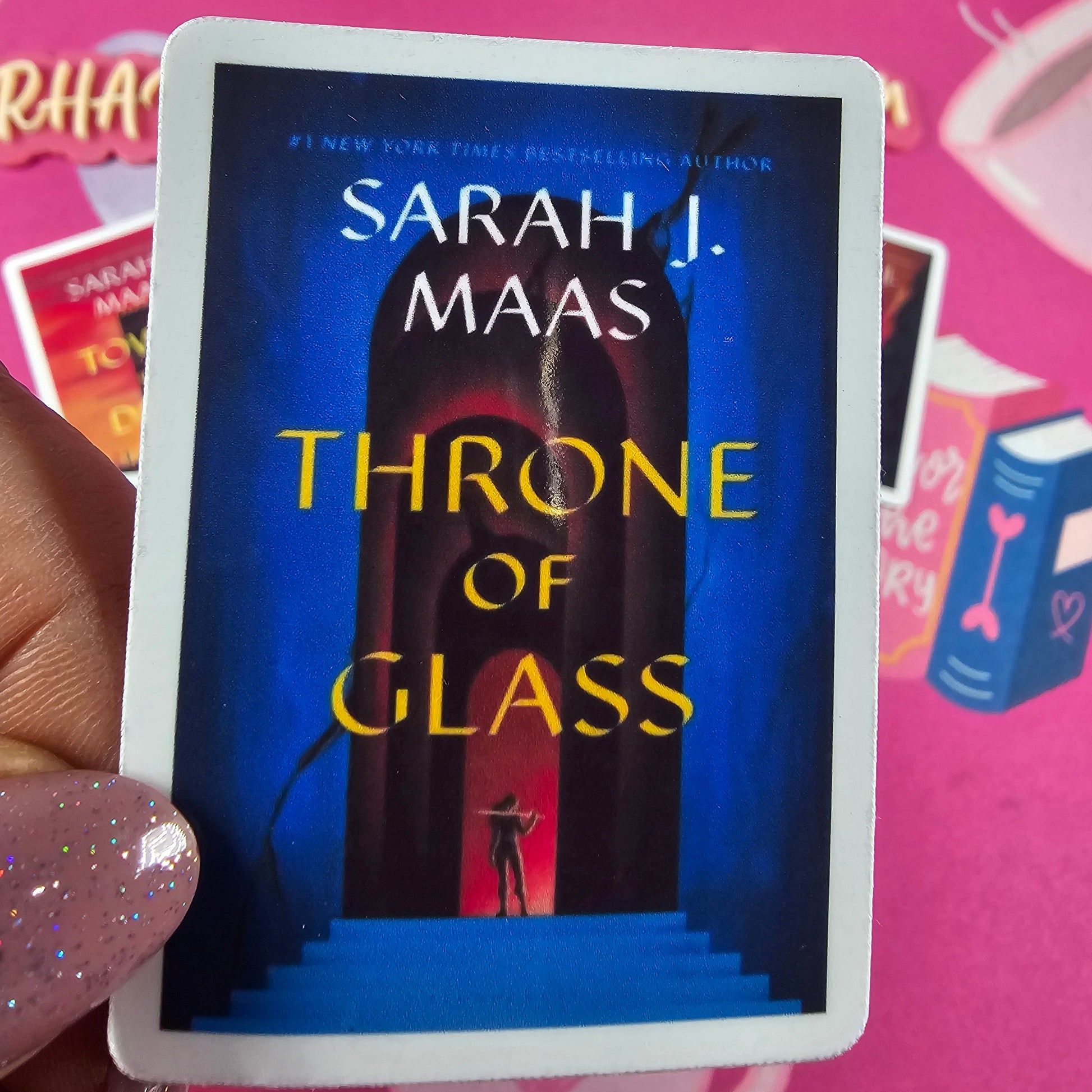 Throne of Glass series book cover vinyl stickers displayed in a set. Bright colorful book cover printed by RH Artful Creations.