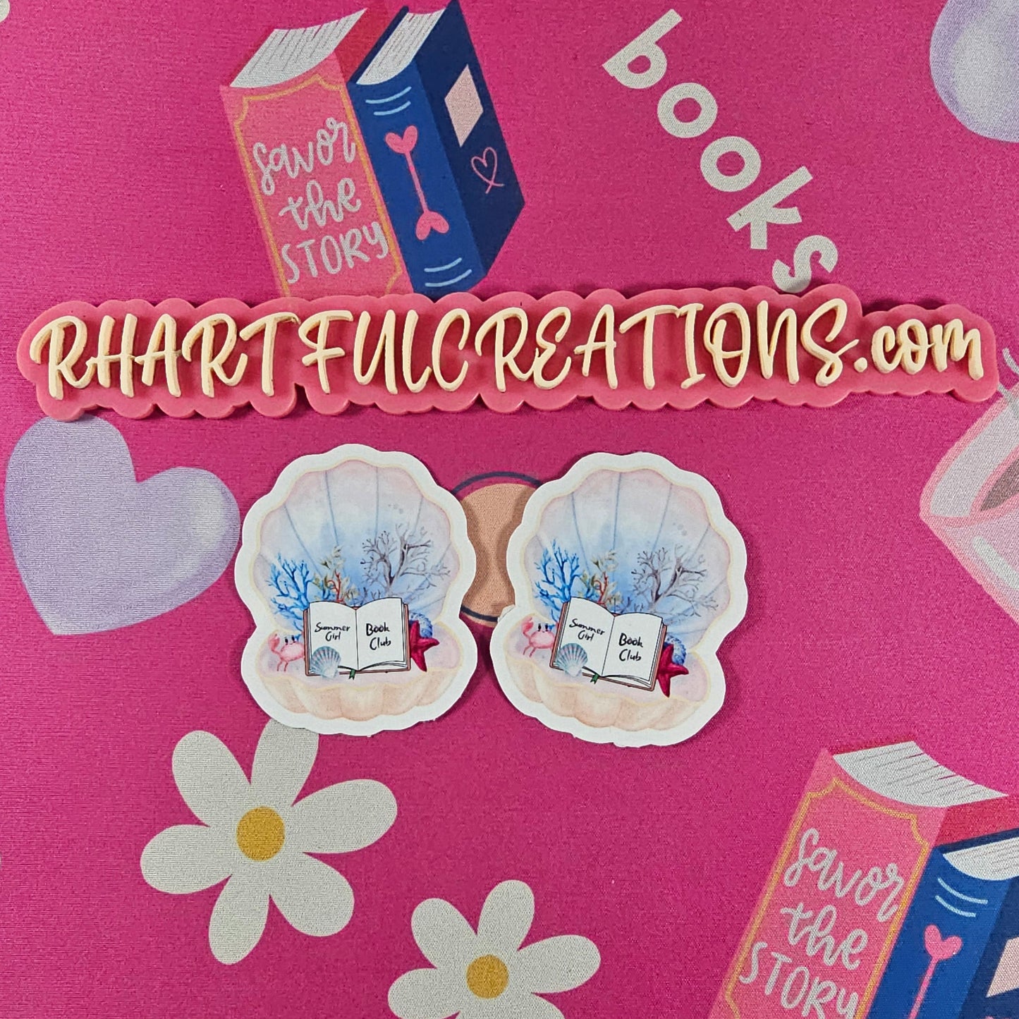 Summer Girl Book Club sticker featuring an open book inside a pastel  clam seashell surrounded by coral, shells, and a starfish perfect for book lovers.