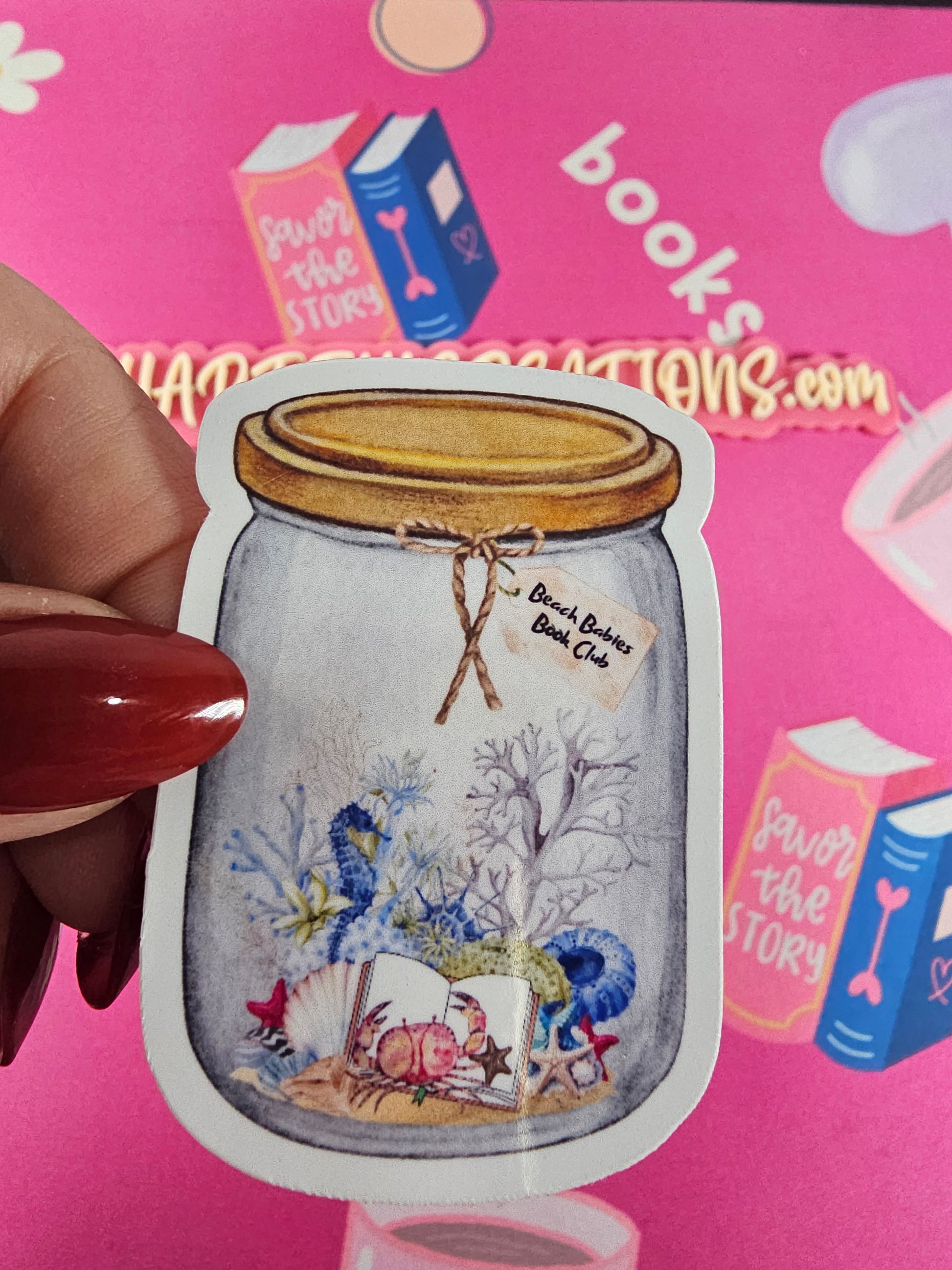 Beach Babes Book Club Jar Sticker featuring seashells, coral, and an open book in a mason jar handmade coastal book lover design.